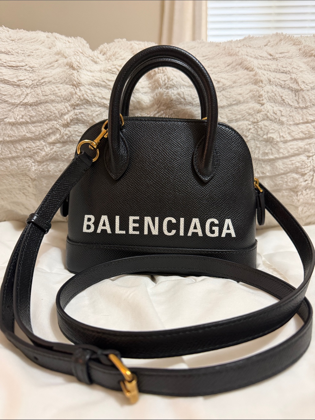 Authentic Balenciaga Ville Xxs Black Leather Bag With White Logo